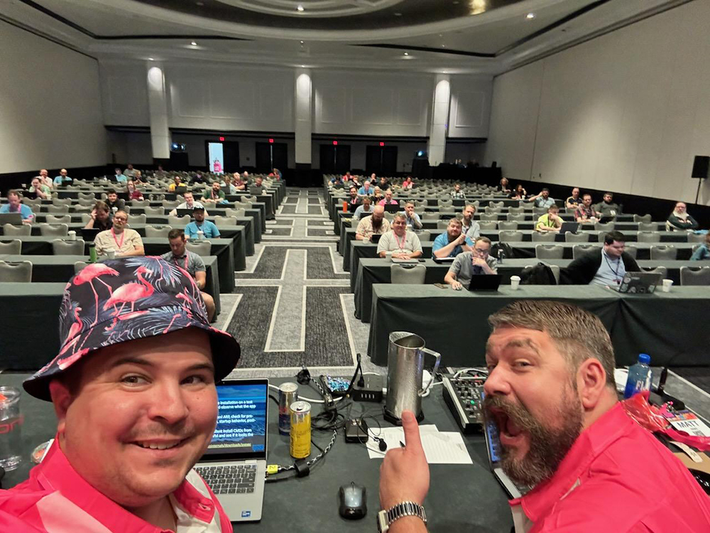 Rudy (at left) and Matt take a quick picture from the speakers' angle of the "Big Room" at MMS Miami Beach as we begin our 8 a.m. session.