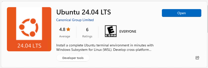 Snip of Ubuntu 24.04 LTS in the Microsoft Store.