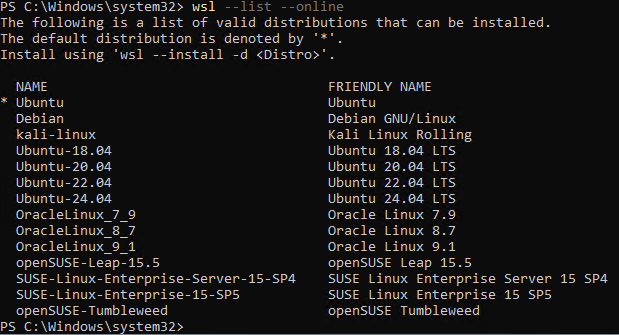Screenshot of the output from wsl --list --online showing several WSL distributions of different flavors that can be installed.