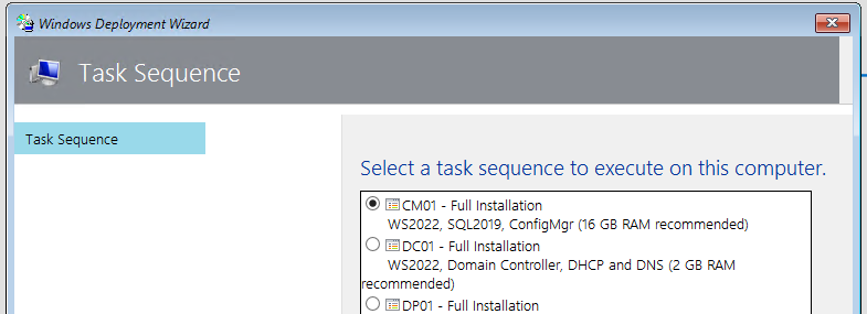 Snip of Task Sequence Selection Dialog with CM01 - Full Installation selected.