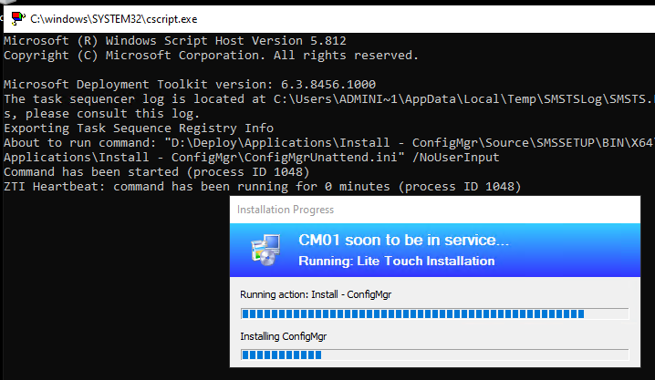 Screen snip of the ConfigMgr Installation step which takes a VERY long time.