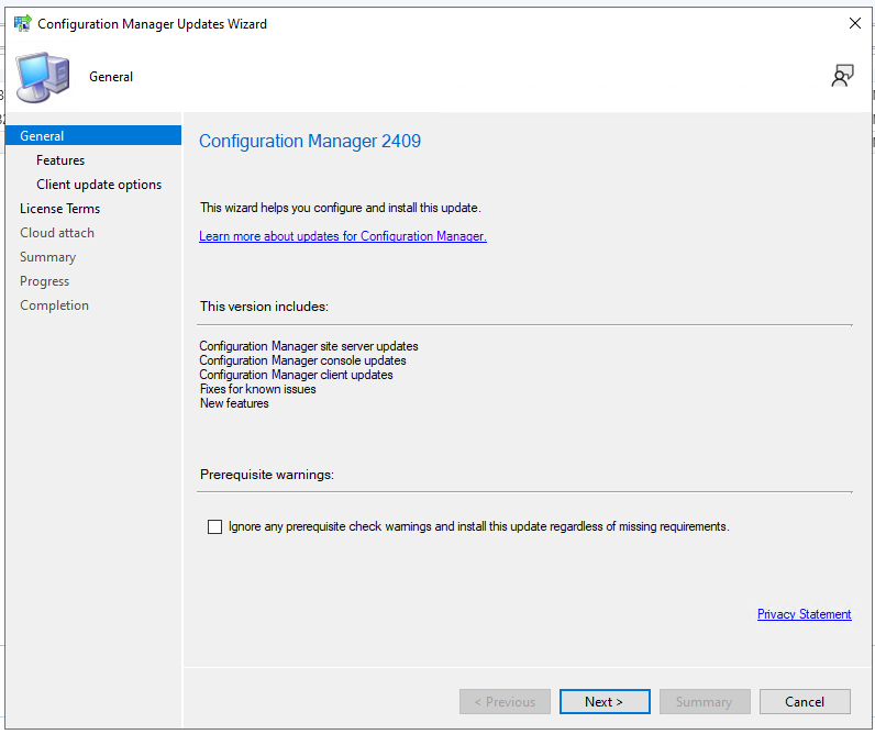 Snip of the first page of the Configuration Manager Updates Wizard dialog to update the CM site to version 2409.