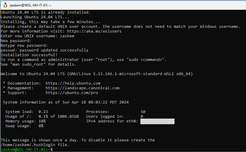 Screenshot of the completed installation of Ubuntu 24.04 with the prompt sitting at "home" location.