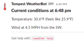 Screenshot of original version of Slack Tempest WeatherBot current conditions displaying temperature and wind data