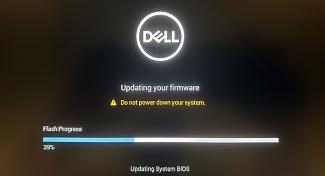 Photo of Dell firmware update in progress instructing a user not to power down the system and showing a progress bar with basic status information.