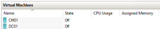 Screen snip of two available and offline Hyper-V VMs, DC01 and CM01, in Hyper-V Manager.